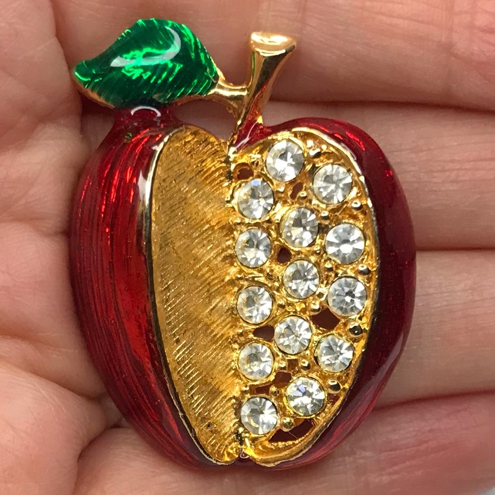 Vintage Red and Gold Tone Crystal Apple Brooch
